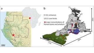 The Iroungou cave in Ngounié province, Gabon (a) and a 3D model (b) showing cave entrances, layouts and locations where archaeologists found the burials.