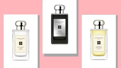 three of the best Jo Malone perfumes on white rectangles, against a pink background