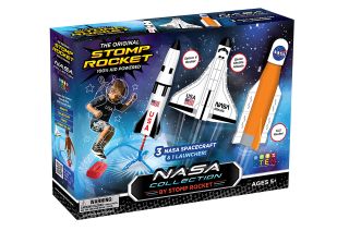 a box with three foam rockets on the cover