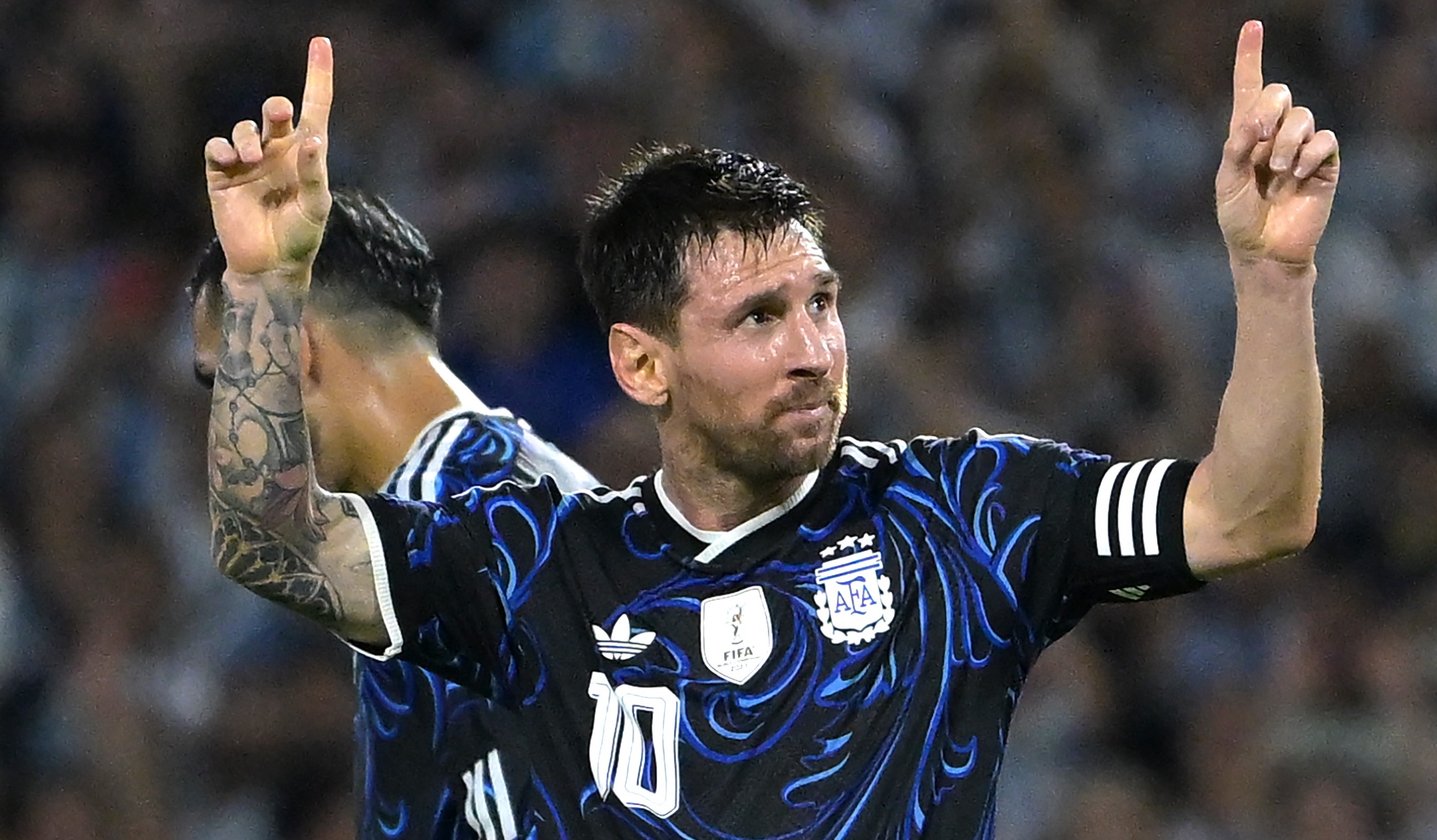 Lionel Messi of Argentina celebrates after scoring his team's second goal during the international friendly match between Argentina and Zambia in Buenos Aires