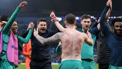 Tottenham manager Mauricio Pochettino and his players celebrate reaching the Champions League semi-finals 