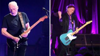 An image of David Gilmour side-by-side with an image of Keith Richards