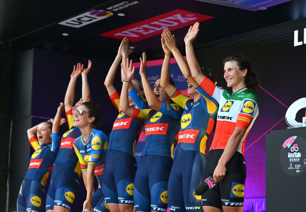BRESCIA ITALY JULY 06 Elisa Longo Borghini of Italy Elisa Balsamo of Italy Lucinda Brand of The Netherlands Brodie Chapman of Australia Elizabeth Deignan of The United Kingdom Lauretta Hanson of Australia Gaia Realini of Italy and Team Lidl Trek during the 35th Giro dItalia Women 2024 Team Presentation UCIWWT on July 06 2024 in Brescia Italy Photo by Luc ClaessenGetty Images