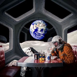 An illustration of a spacesuit-clad Tim Dodd inside a lunar base.