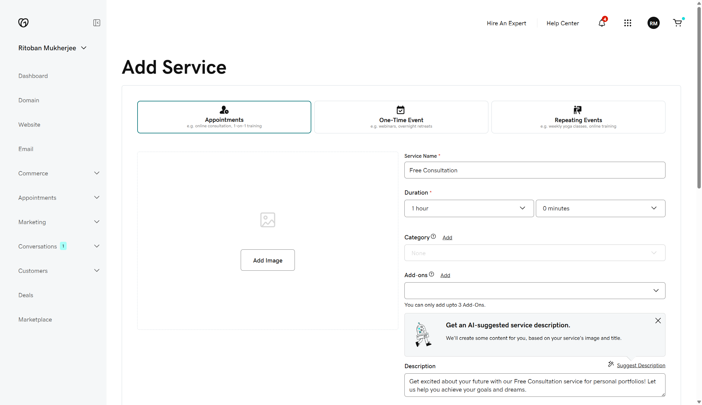 Screenshot of GoDaddy services page, it gives options for adding appointments, one time events and reoccurring events.