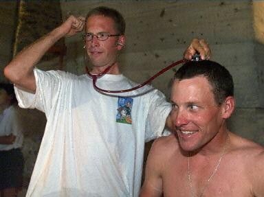 With Jon Vaughters in 1999 at the pre-Tour medical check