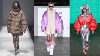 three catwalk images showing model modelling outdoors clothing trends
