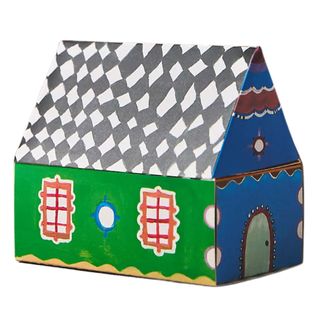 Match box shaped like a green and blue house with black and white tiled roof