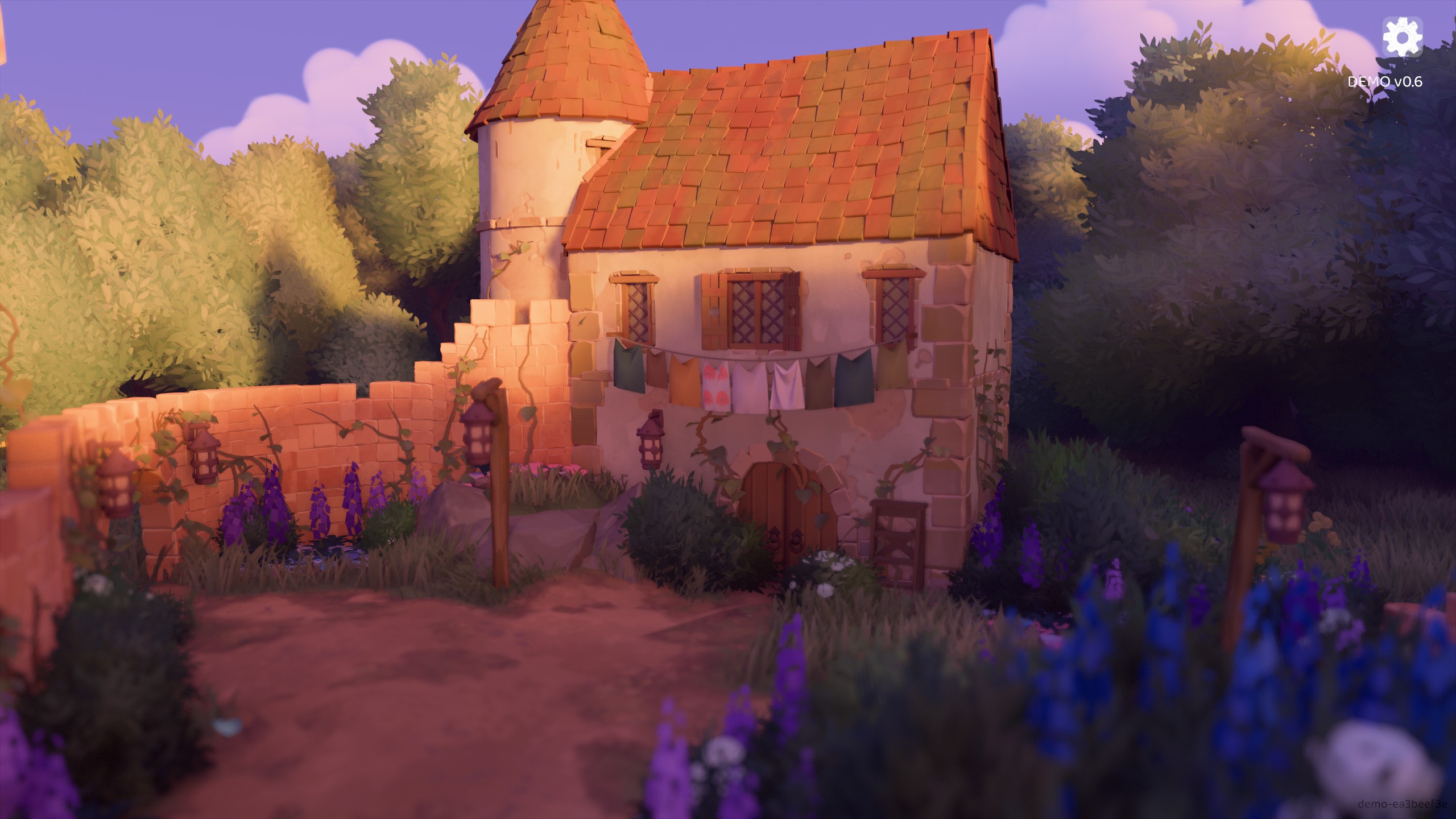 Tiny Glade - a small house at sunset with a washing line hanging between two windows