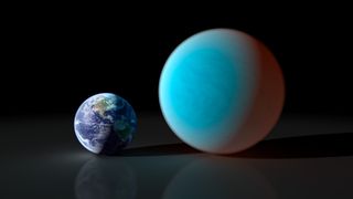 an illustration of Earth beside a much larger blue-and-green planet