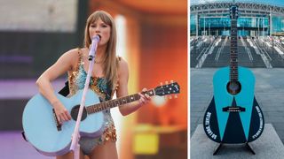 Left-Taylor Swift performs onstage during "Taylor Swift | The Eras Tour" at Olympiastadion on July 27, 2024 in Munich, Germany; Right- turquoise and black Gibson acoustic guitar in front of Wembley stadium