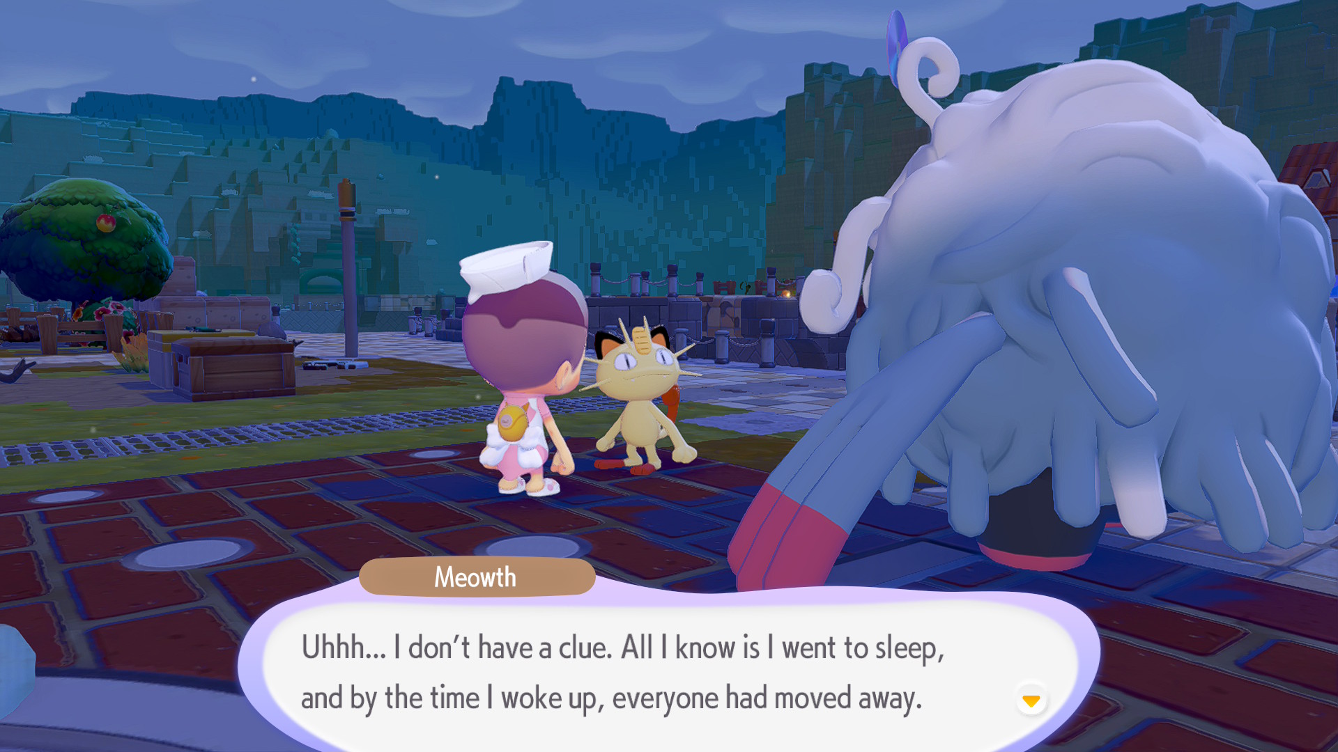 A screenshot of Pok&amp;eacute;mon Pokopia with Meowth and Tangrowth in the Bleak Beach biome as captured on the Nintendo Switch 2