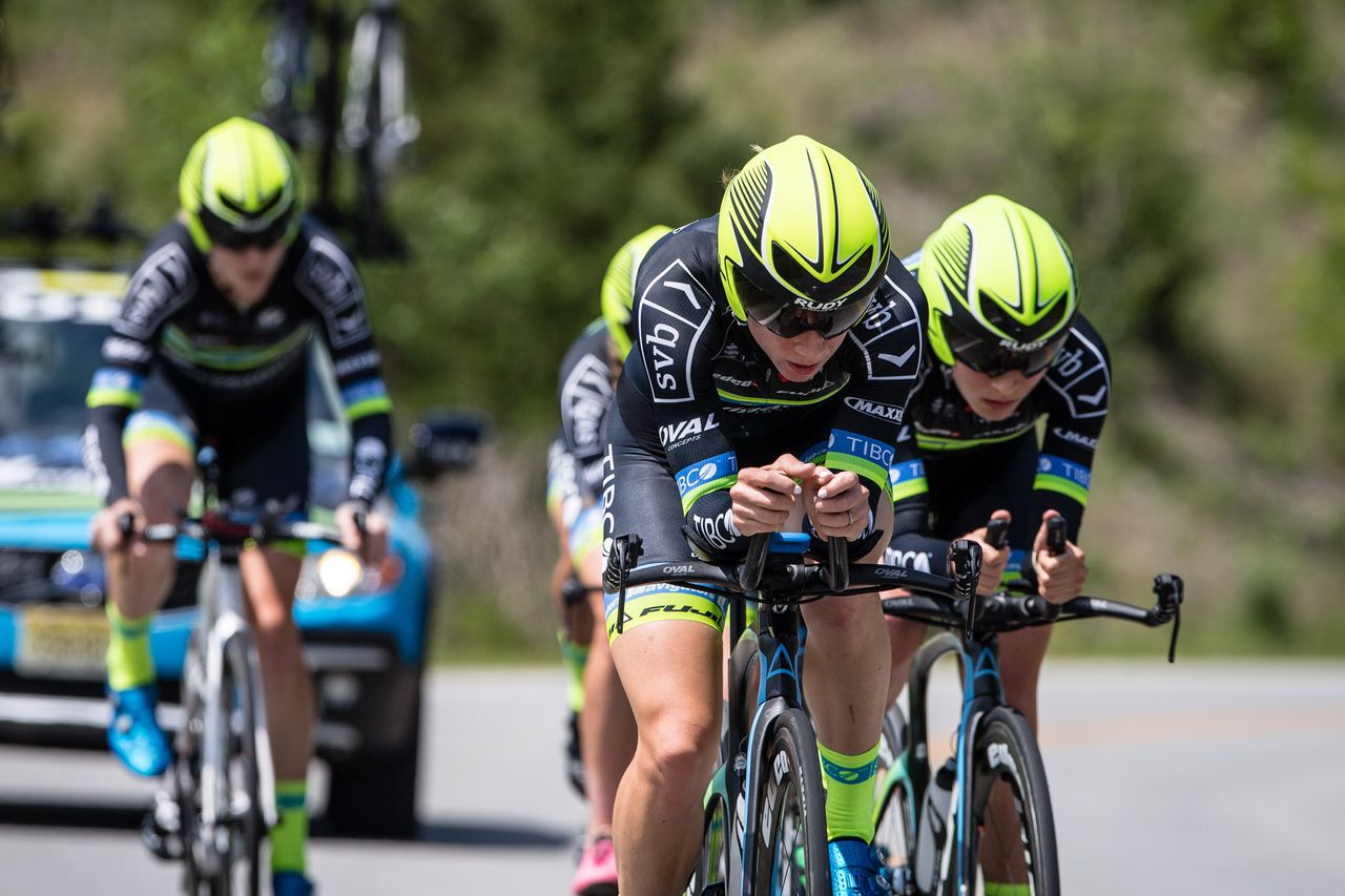Heather Fischer (TIBCO) leads the team up the climb