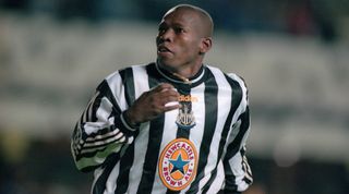 17 September 1997 Newcastle-upon-Tyne - UEFA Champions League - Newcastle United v FC Barcelona - Faustino Asprilla of Newcastle celebrates the third of his three goals. (Photo by Mark Leech/Offside via Getty Images)