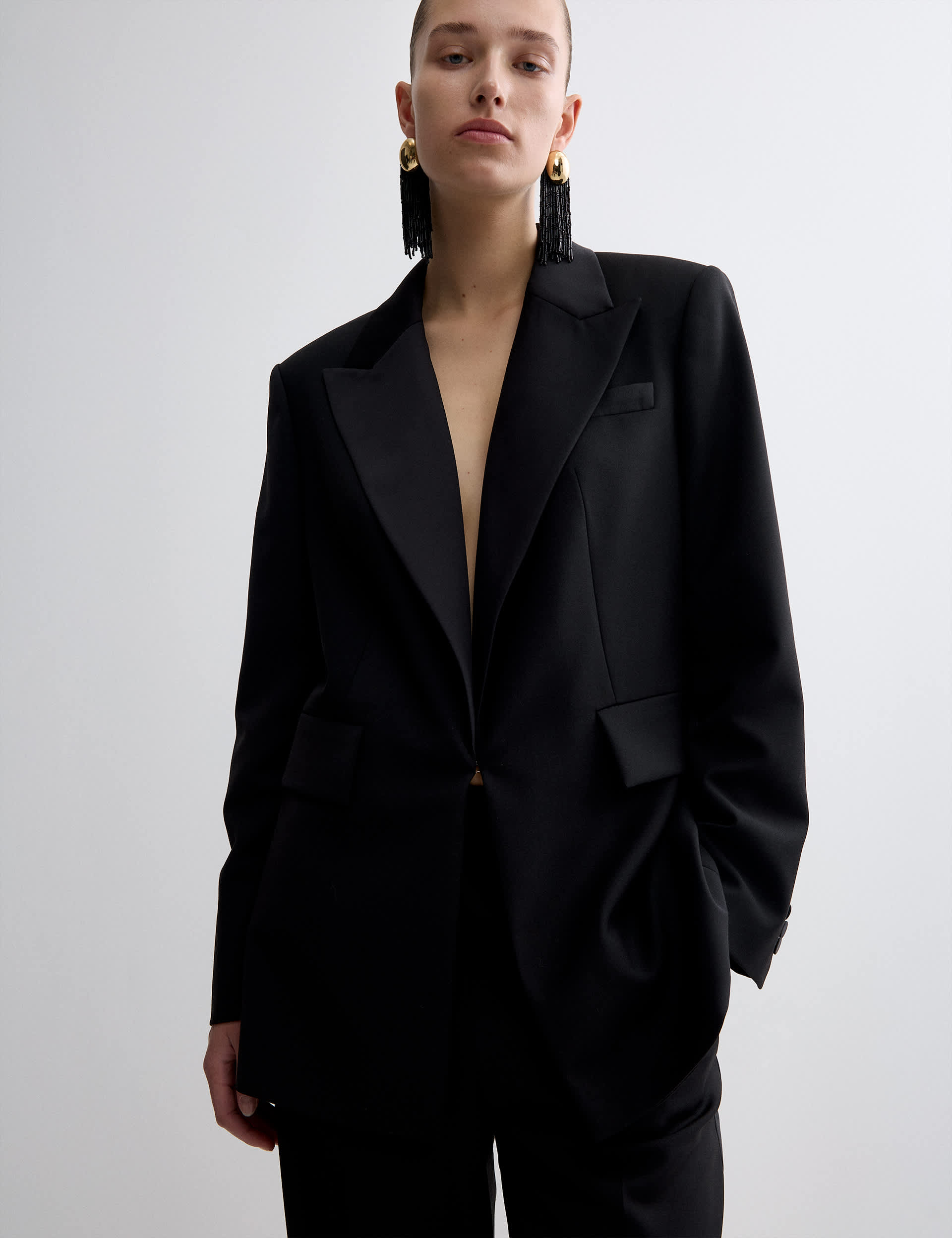 Wool Blend Satin Trim Tailored Blazer