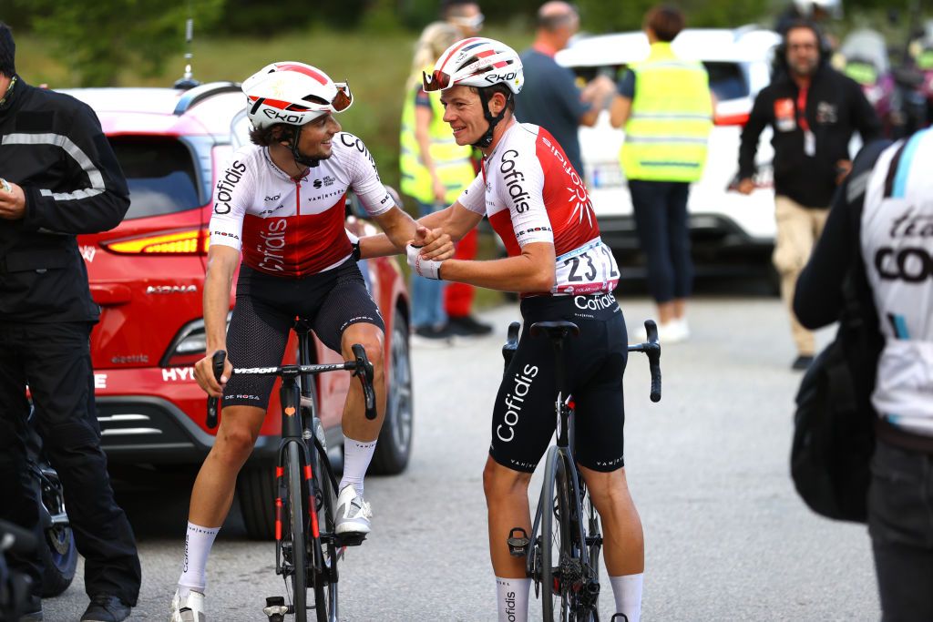 SKALLSTUGGU NORWAY AUGUST 13 LR Stage winner Victor Lafay of France and Eddy Fin of France and Team Cofidis celebrate at finish line after the 9th Arctic Race Of Norway 2022 Stage 3 a 1777km stage from Namsos to Skallstuggu 474m ArcticRace on August 13 2022 in Skallstuggu Norway Photo by Michael SteeleGetty Images