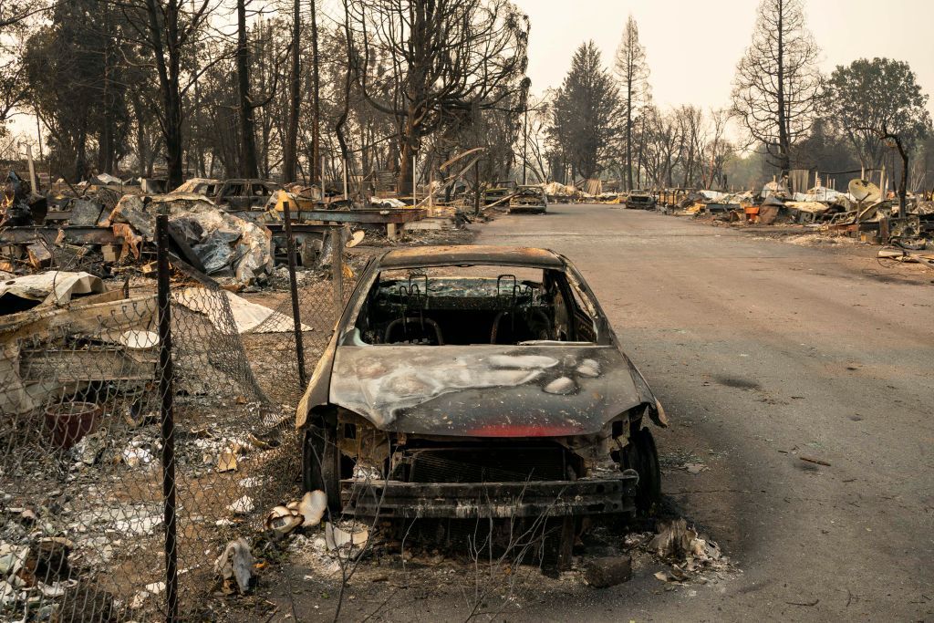 Remains of a fire in Phoenix, Oregon.