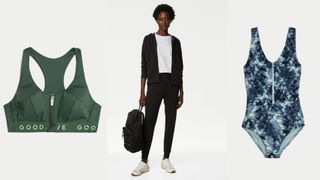 M&S Goodmove collection, one of the best British sportswear brands, including a full-body tracksuit, sports bra, and swimsuit