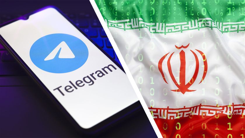 On the left, the Telegram logo appears on the screen of a smartphone that rests on top of a laptop keyboard. On the right, the Iranian flag with the binary code.