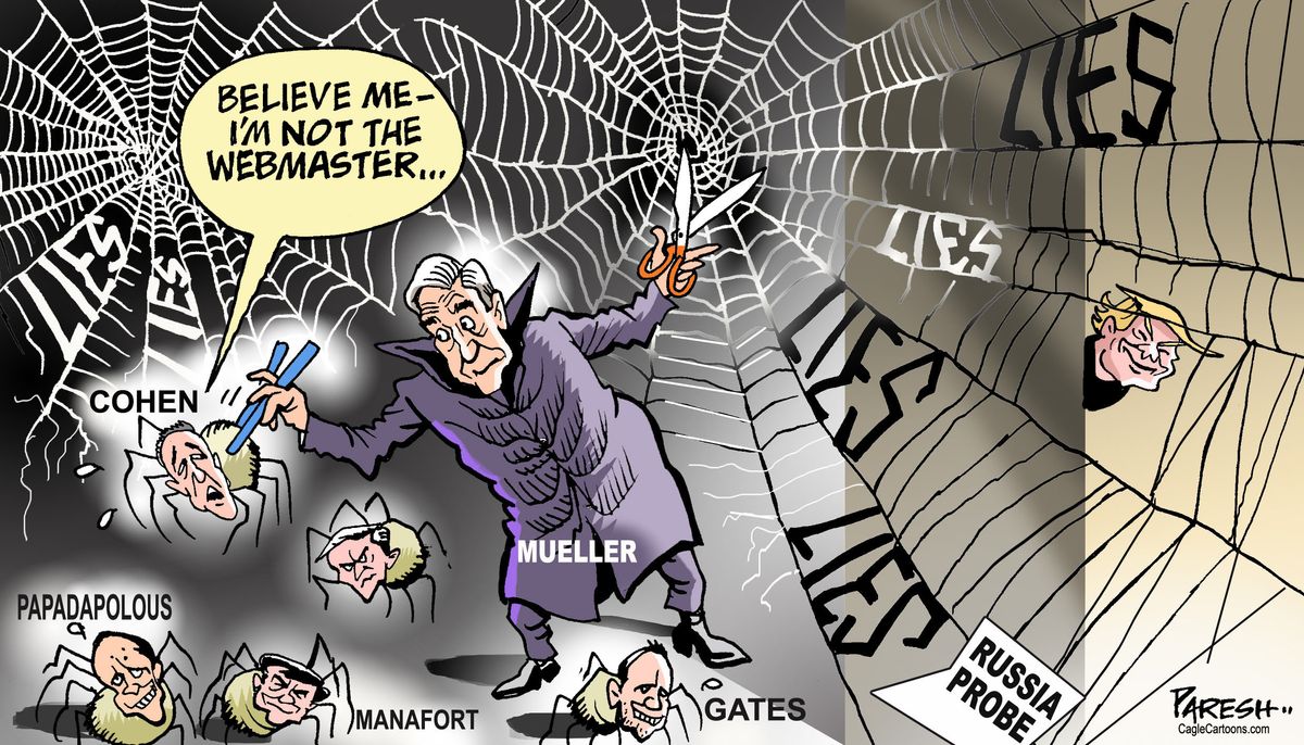 Political cartoon U.S. Trump web of lies Russia probe Robert Mueller ...