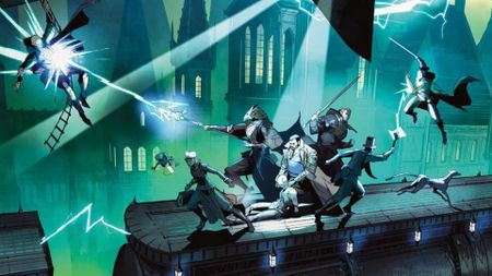 A group of adventurers battles assailants whilst riding a train running through a city of spires in Eberron: Forge of the Artificer