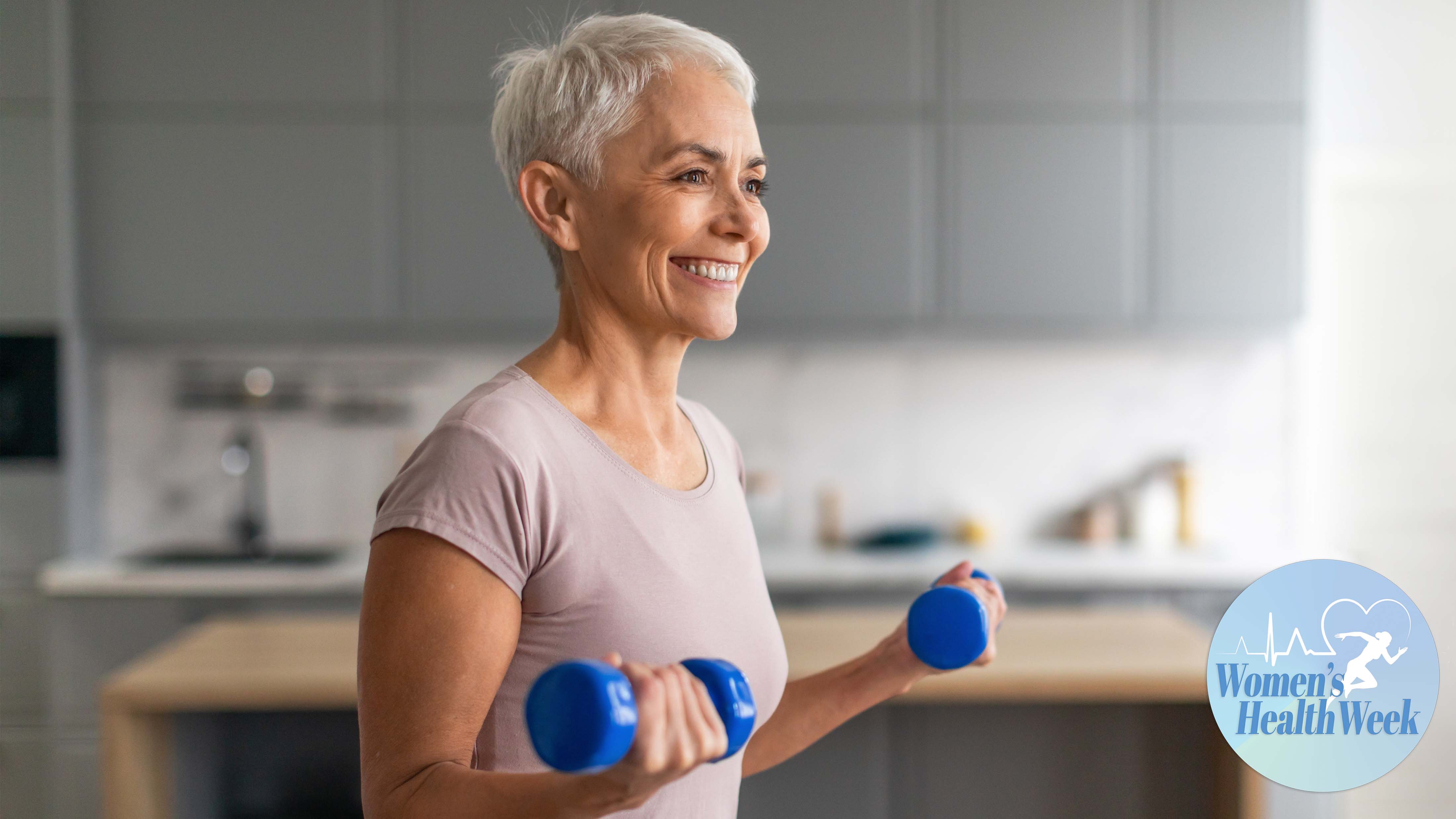 a photo of a middle aged woman lifting weights