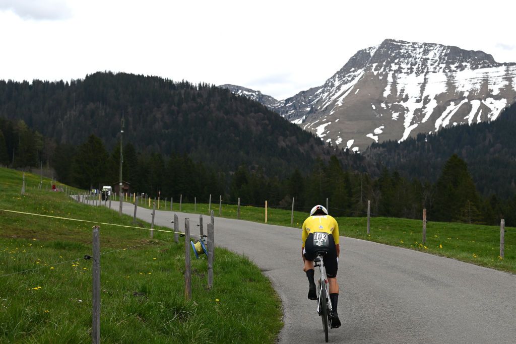 CHTELSAINTDENIS SWITZERLAND APRIL 28 Ethan Hayter of United Kingdom and Team INEOS Grenadiers Yellow Leader Jersey sprints during the 76th Tour De Romandie 2023 Stage 3 a 1875km individual time trial stage from ChtelSaintDenis to ChtelSaintDenis UCIWT on April 28 2023 in ChtelSaintDenis Switzerland Photo by Dario BelingheriGetty Images