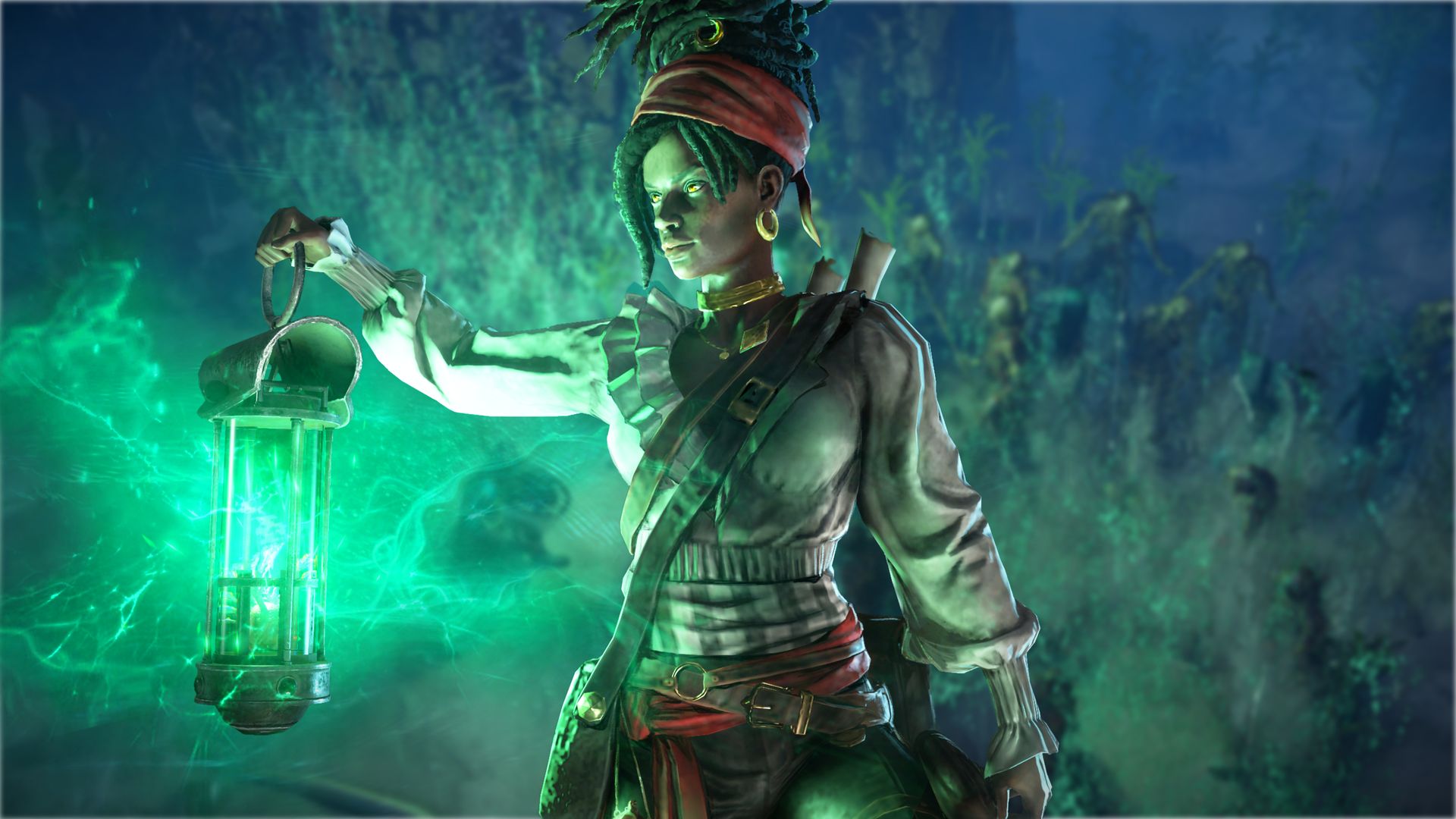 A composite image of a Path of Exile Curse of the Allflame screenshot with a key art of a new character holding a glowing green lantern on top.
