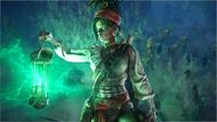 A composite image of a Path of Exile Curse of the Allflame screenshot with a key art of a new character holding a glowing green lantern on top.