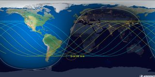 Graphic of the reentry location for China's Long March 5B rocket in the south Atlantic Ocean on July 30, 2022.