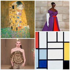 A graphic of art noveau, abstract, and surrealist painting with Fall 2024 runway looks