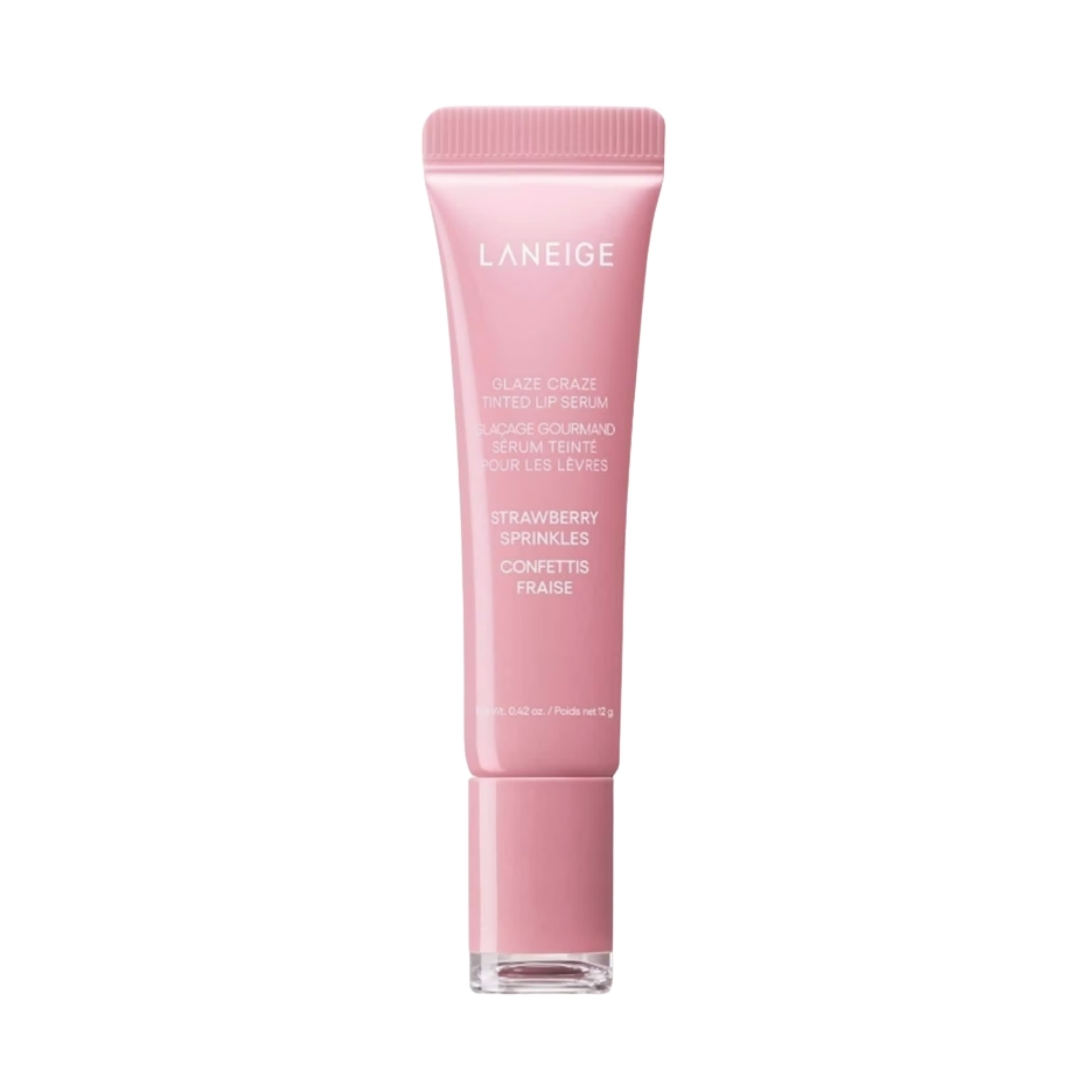 A product shot of the Laneige Glaze Craze Tinted Lip Serum in Strawberry Sprinkles on a white background