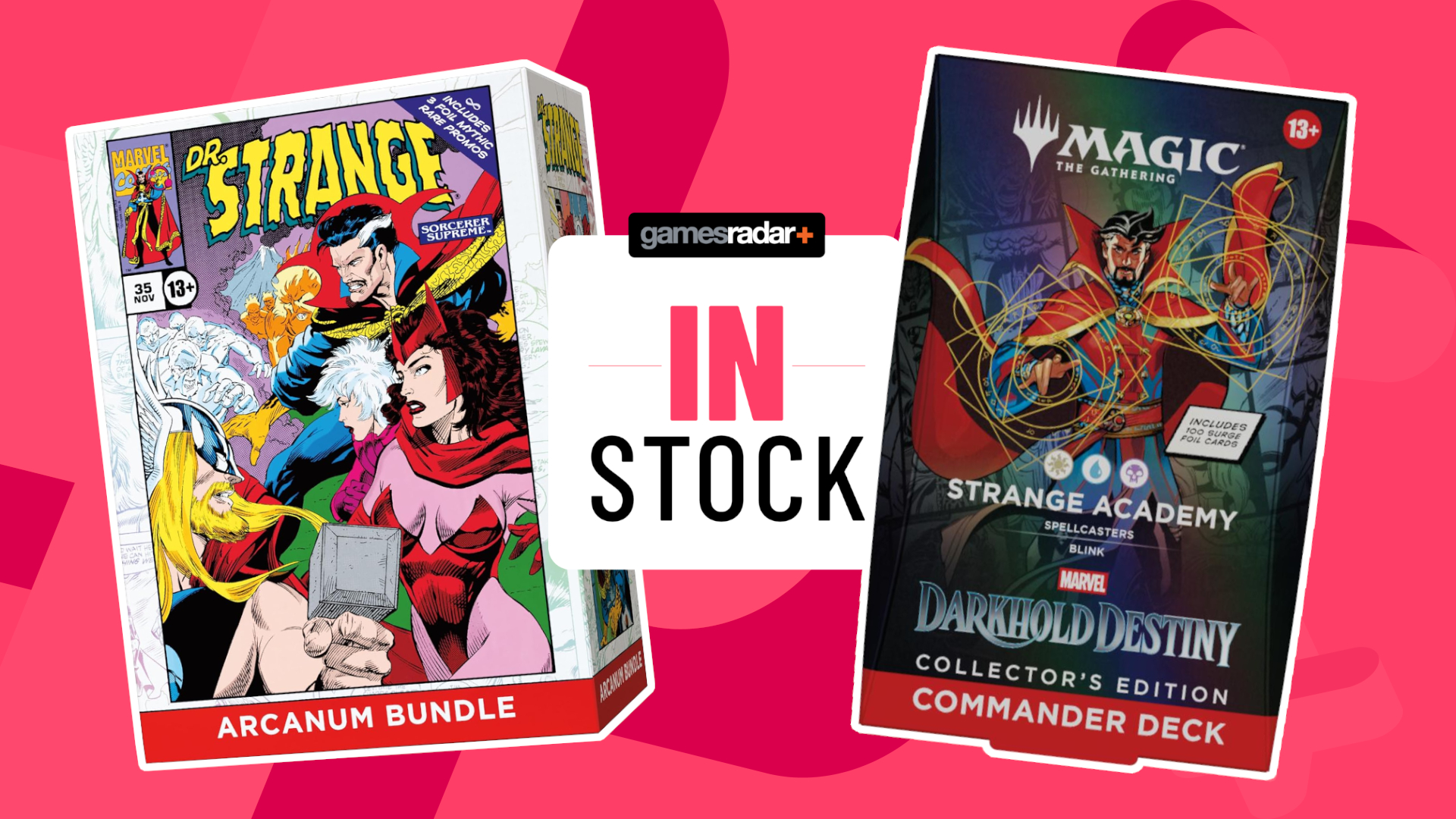 MTG Darkhold Destiny Arcanum Bundle and Collector's Edition Commander Deck on either side of a GamesRadar+ 'in stock' badge, all against a pink background