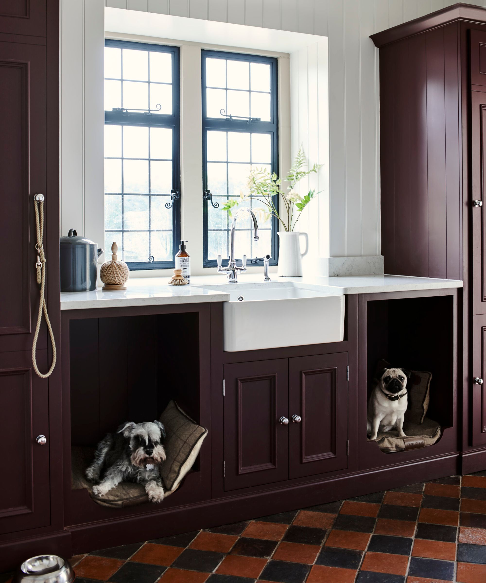 a dark burgundy painted boot room with two custom dog beds