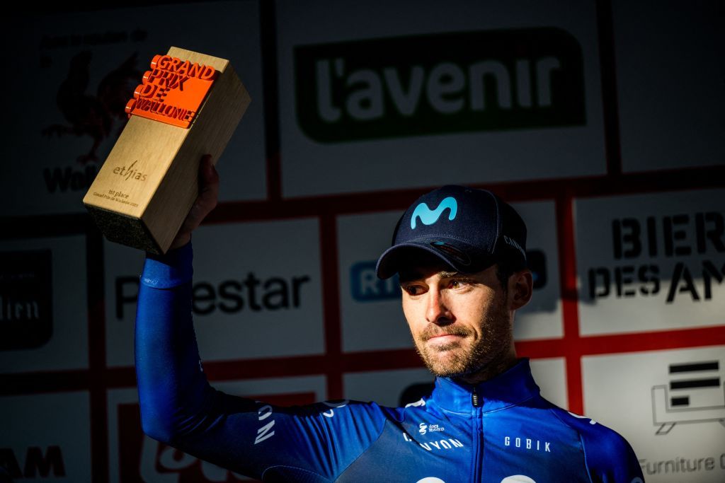 Spanish Gonzalo Serrano of Movistar Team celebrates on the podium after winning the one day cycling race Grand Prix de Wallonie 2013km from Aywaille to the Citadelle de Namur in Namur Wednesday 13 September 2023 BELGA PHOTO JASPER JACOBS Photo by JASPER JACOBS BELGA MAG Belga via AFP Photo by JASPER JACOBSBELGA MAGAFP via Getty Images