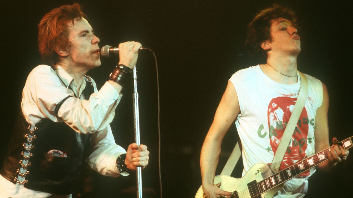 Johnny Rotten and Steve Jones of the Sex Pistols performing live in 1978