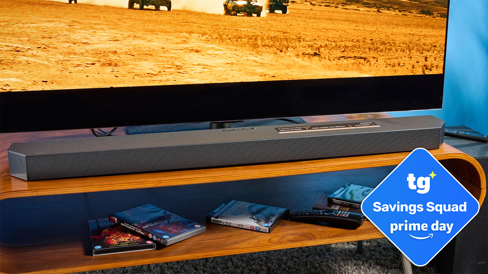 the samsung q600f prime day hero image with the tom's guide savings squad badge