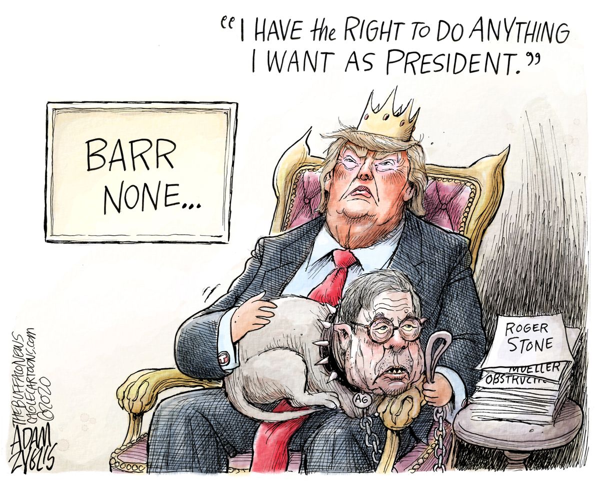 Political Cartoon U.S. Trump William Barr Roger Stone lap dog ...