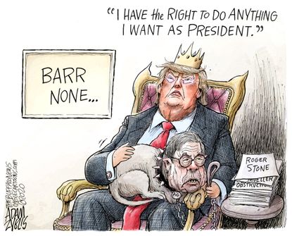 Political Cartoon U.S. Trump William Barr Roger Stone lap dog presidential power rule of law