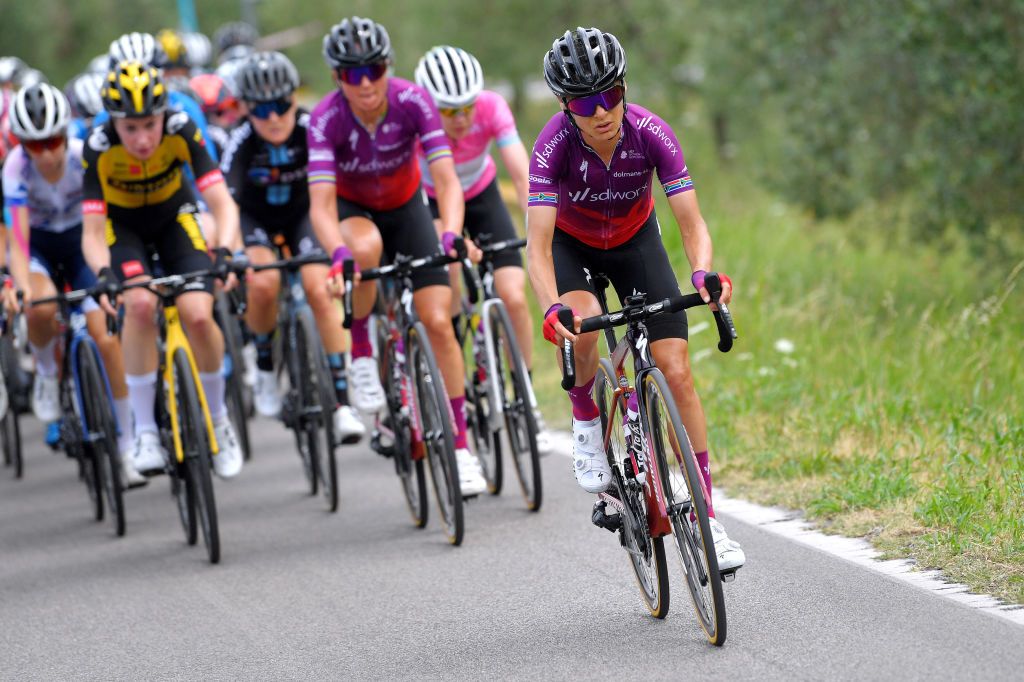 PUEGNAGO DEL GARDA ITALY JULY 08 Ashleigh Moolman Pasio of South Africa and Team SD Worx during the 32nd Giro dItalia Internazionale Femminile 2021 Stage 7 a 1096km stage from Soprazocco di Gavardo to Puegnago Del Garda 219m GiroDonne UCIWWT on July 08 2021 in Puegnago del Garda Italy Photo by Luc ClaessenGetty Images