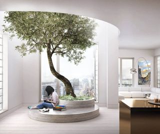 Rendering of Elton John's new treehouse apartment living room with woman in