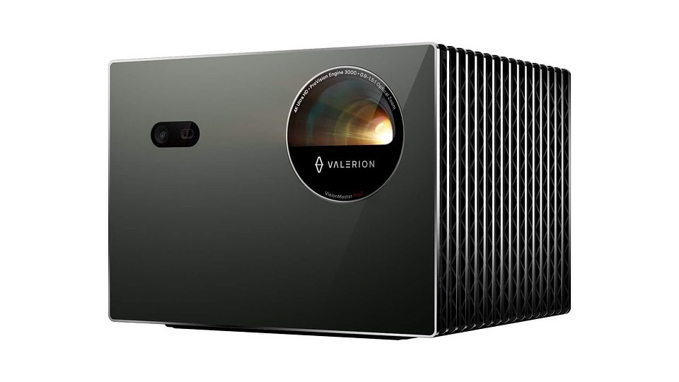 A black Valerion VisionMaster Pro 2 projector on a white background.