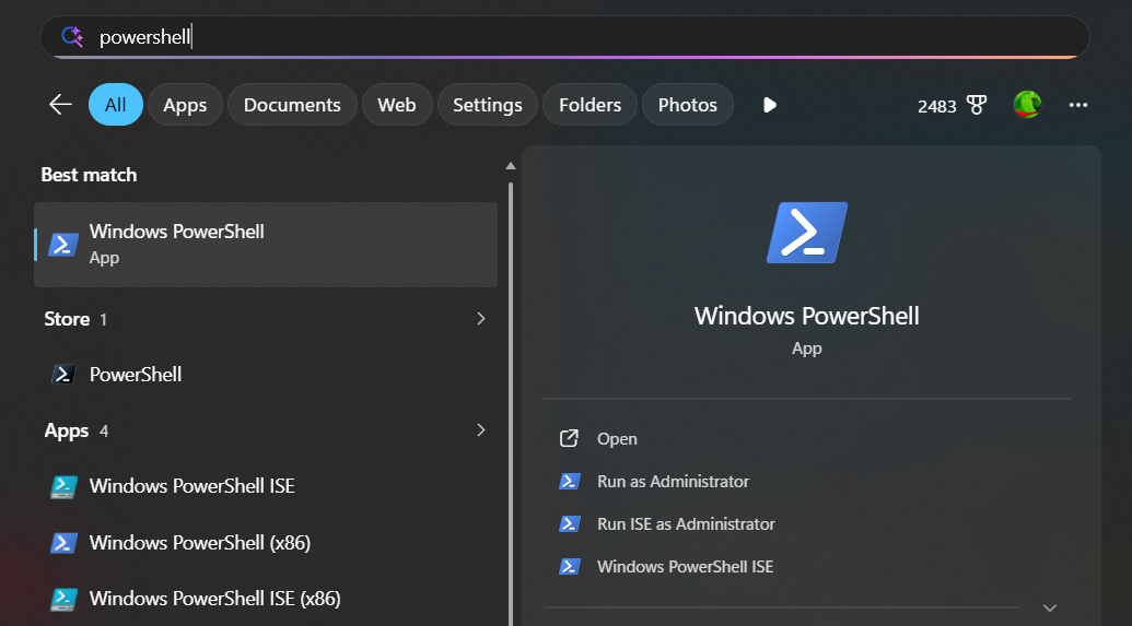 Search results for "PowerShell" on Windows. The screen displays app options, including Windows PowerShell, with actions like "Run as Administrator."