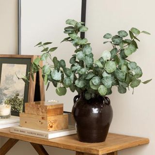 A vase with eucalyptus leaves on a console table