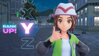 A trainer gives a thumbs up to the camera as the UI shows her rank climbing up the Z-A charts in Pokemon Legends Z-A