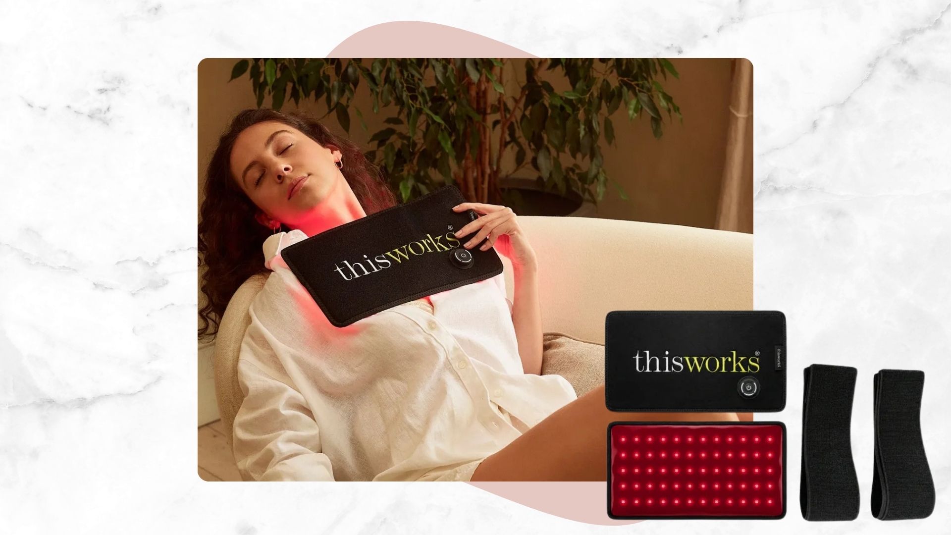 a marble backdrop with an image of a woman lying back in a white shirt with a this works led body wrap held up to her chest beside an image of the wrap