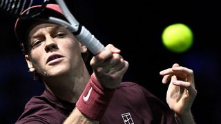 Jannik Sinner of Italy plays a forehand during his victory at the Paris Masters
