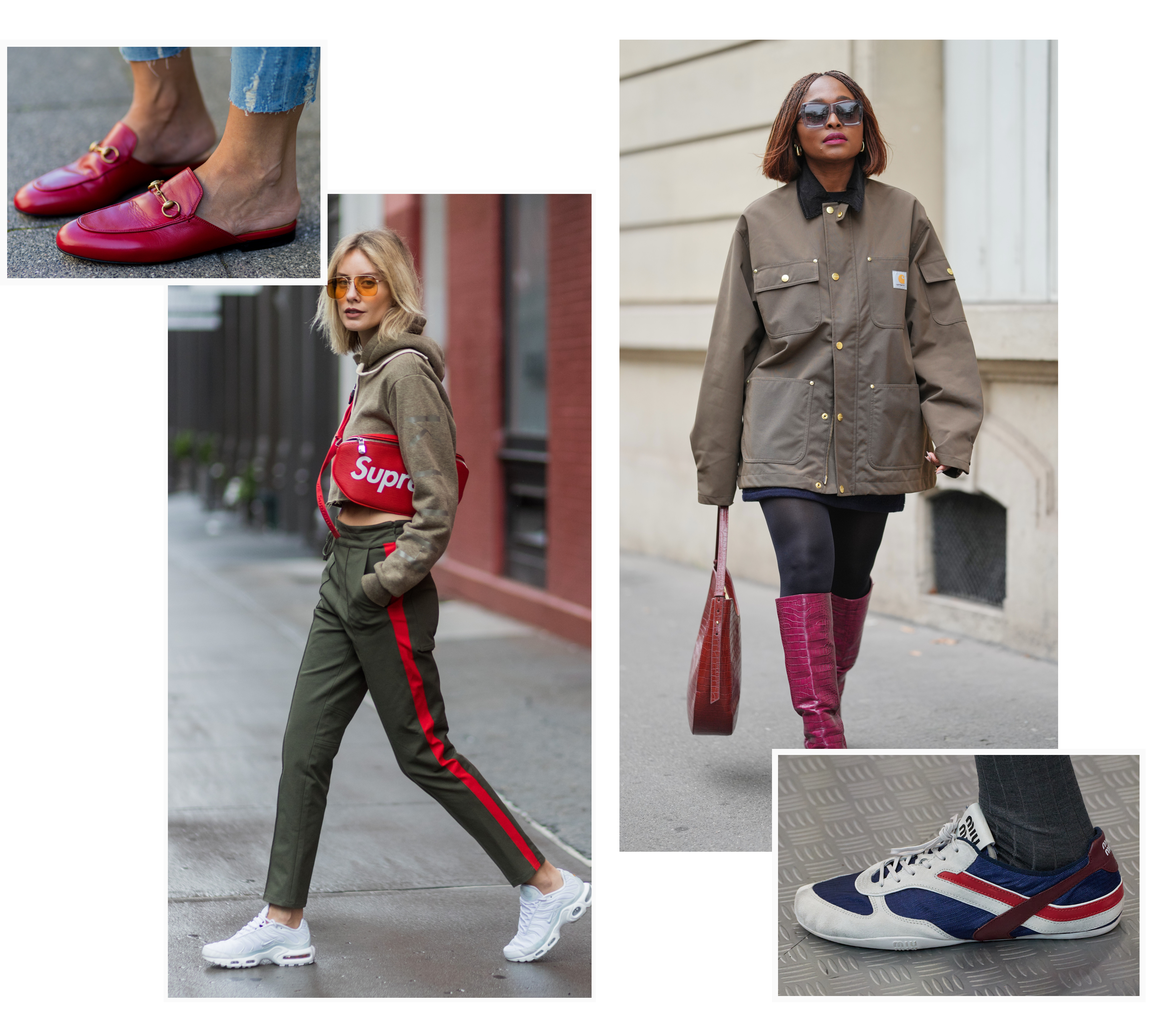 a woman wearing red gucci princetown loafers, a woman wearing a supreme bag and green set, a woman wearing a green carhartt barn jacket, and a miu miu spring 2025 model wearing blue red and white sneakers