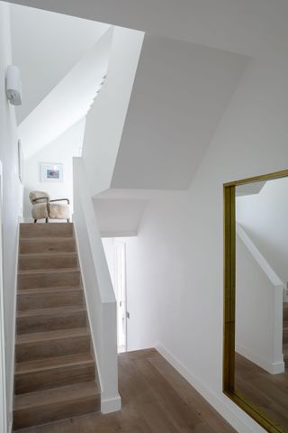 White-walled stairway in modernist interior