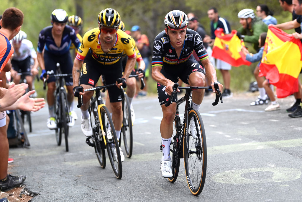XORRET DE CAT COSTA BLANCA INTERIOR SPAIN SEPTEMBER 02 LR Primo Roglic of Slovenia and Team JumboVisma and Remco Evenepoel of Belgium and Team Soudal Quick Step compete in the breakaway during the 78th Tour of Spain 2023 Stage 8 a 165km stage from Dnia to Xorret de Cat Costa Blanca Interior 905m UCIWT on September 02 2023 in Xorret de Cat Costa Blanca Interior Spain Photo by Tim de WaeleGetty Images